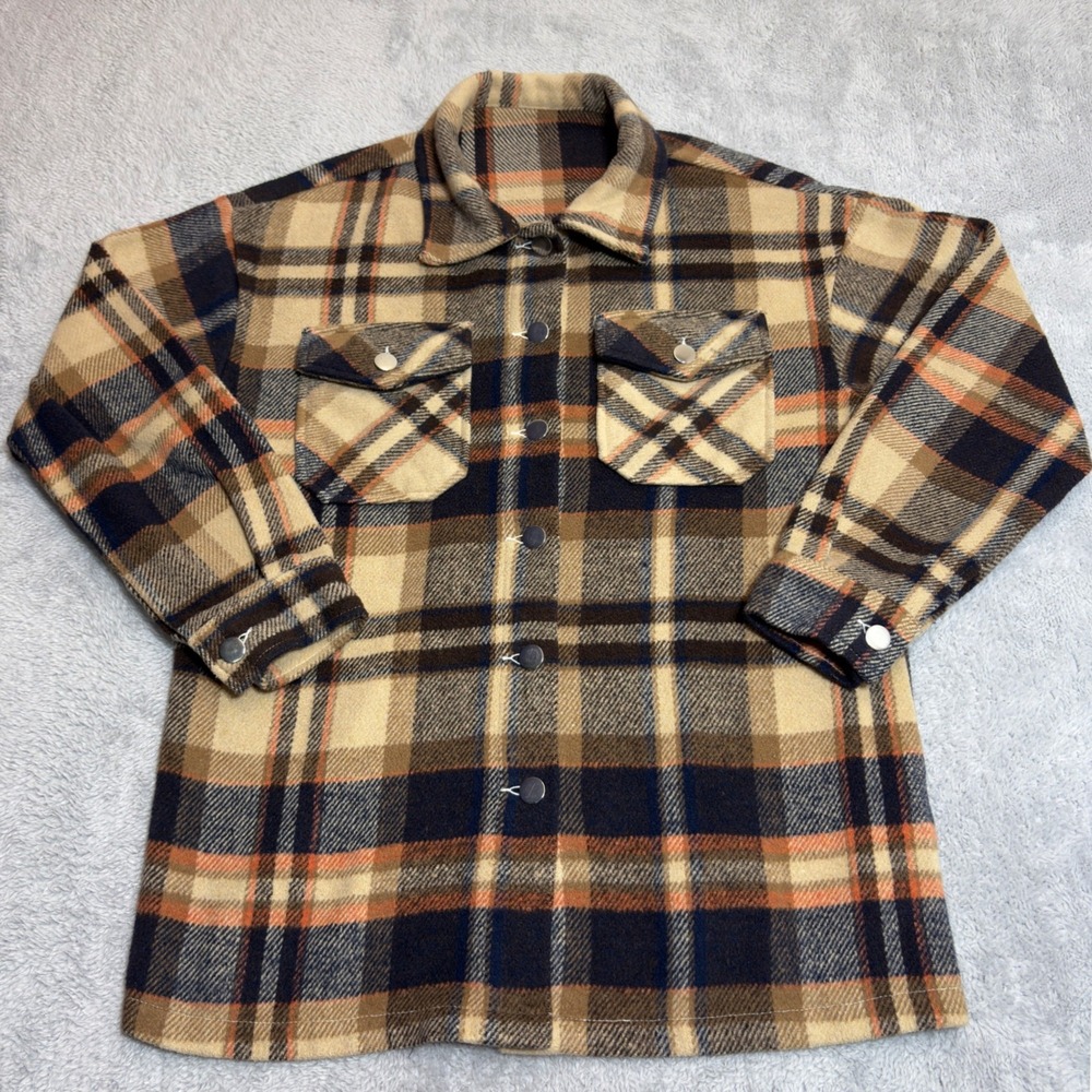 Unbranded Plaid Shirt Jacket Men's Small Tan Brown Orange Fleece Shacket Thick